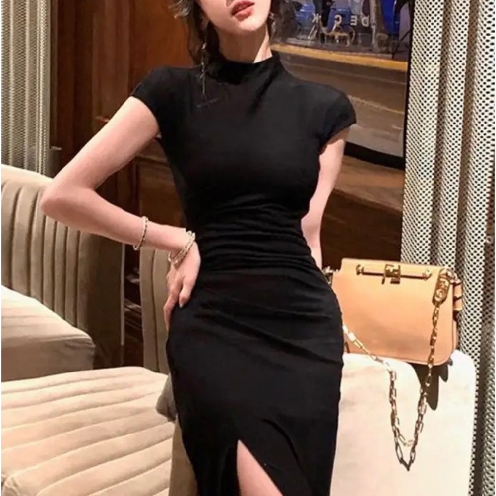 Short Sleeve Dresses Women Sexy Slim Half High Collar All-match Side-slit Chic